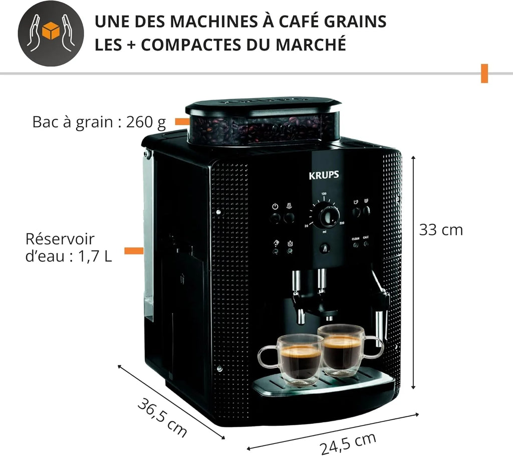 Krups Machine à café grain, machine expresso, 2 tasses en simultané, Nettoyage automatique, Buse vapeur pour Cappuccino, Cafetière espresso, Essential noire YY8125FD