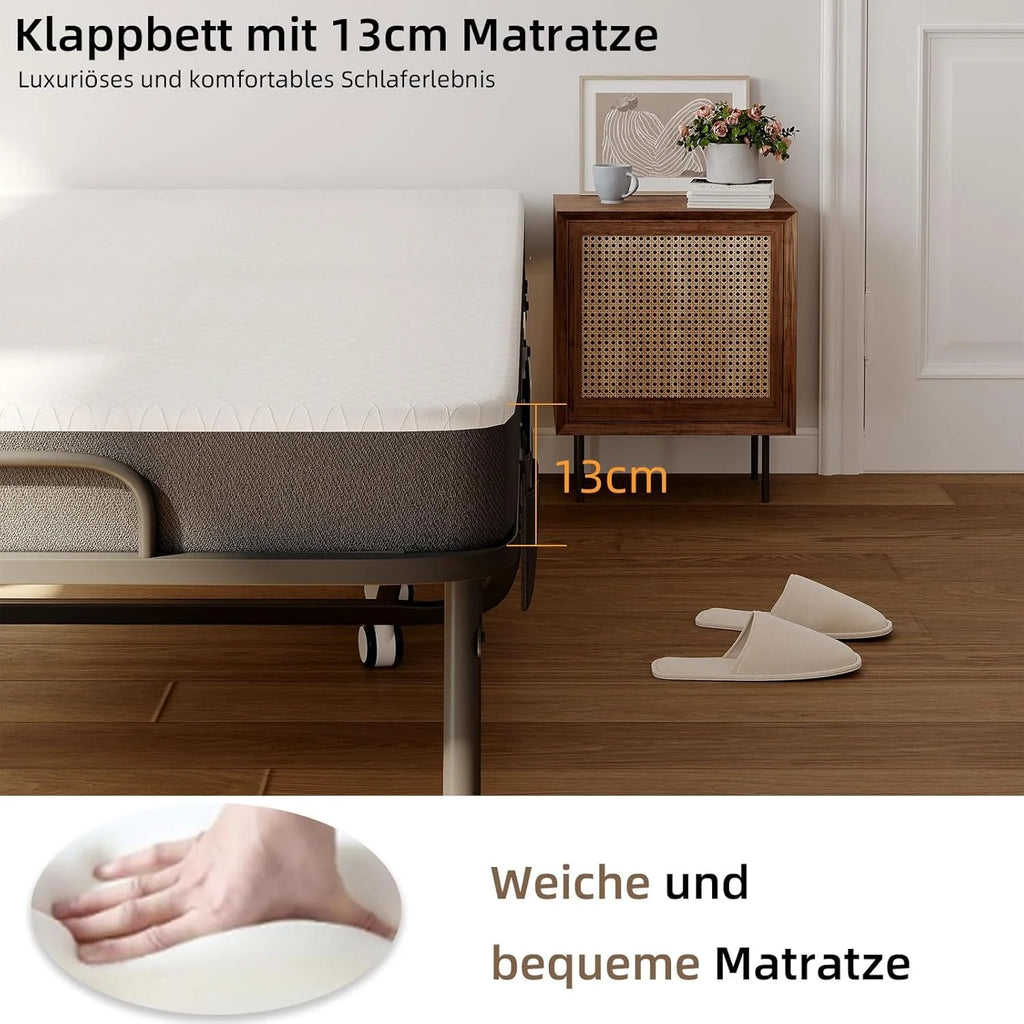 CAIYUN lit pliant 1 personne 80 × 190 cm avec matelas mousse 13 cm, sommier à lattes métal, 4 roulettes, charge 200 kg