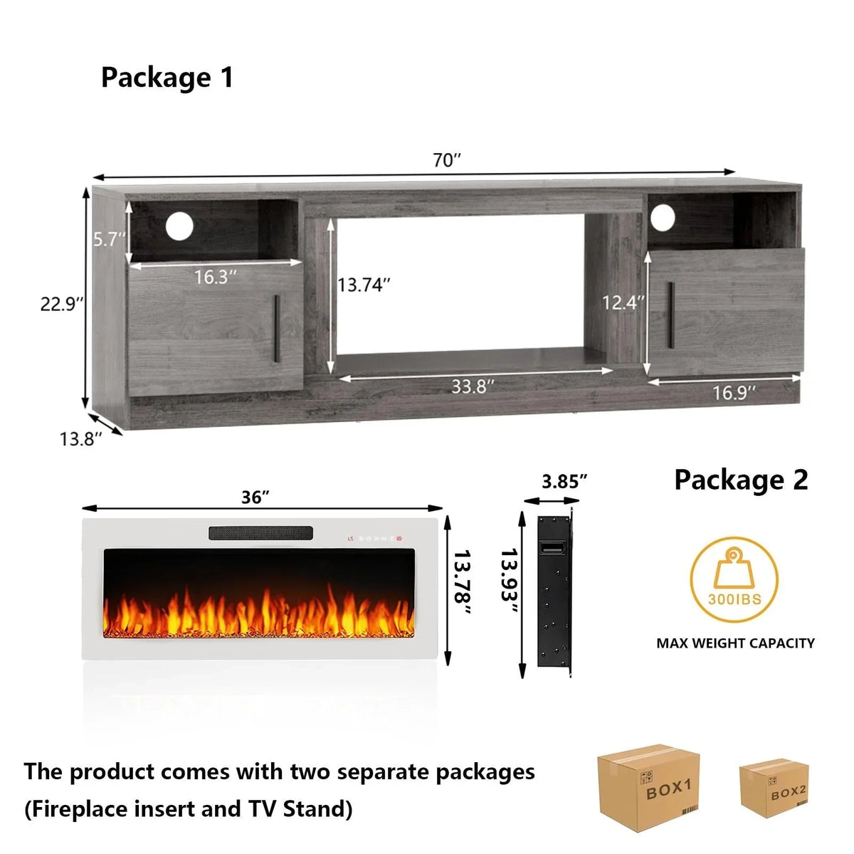Bossin 70 Fireplace TV Stand with 36 Electric Fireplace, TV Stand for TVs Up to 80, 16 Colors LED Lights/Entertainment Center