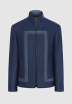 Blouson zippé en laine bleu à découpes contrastées