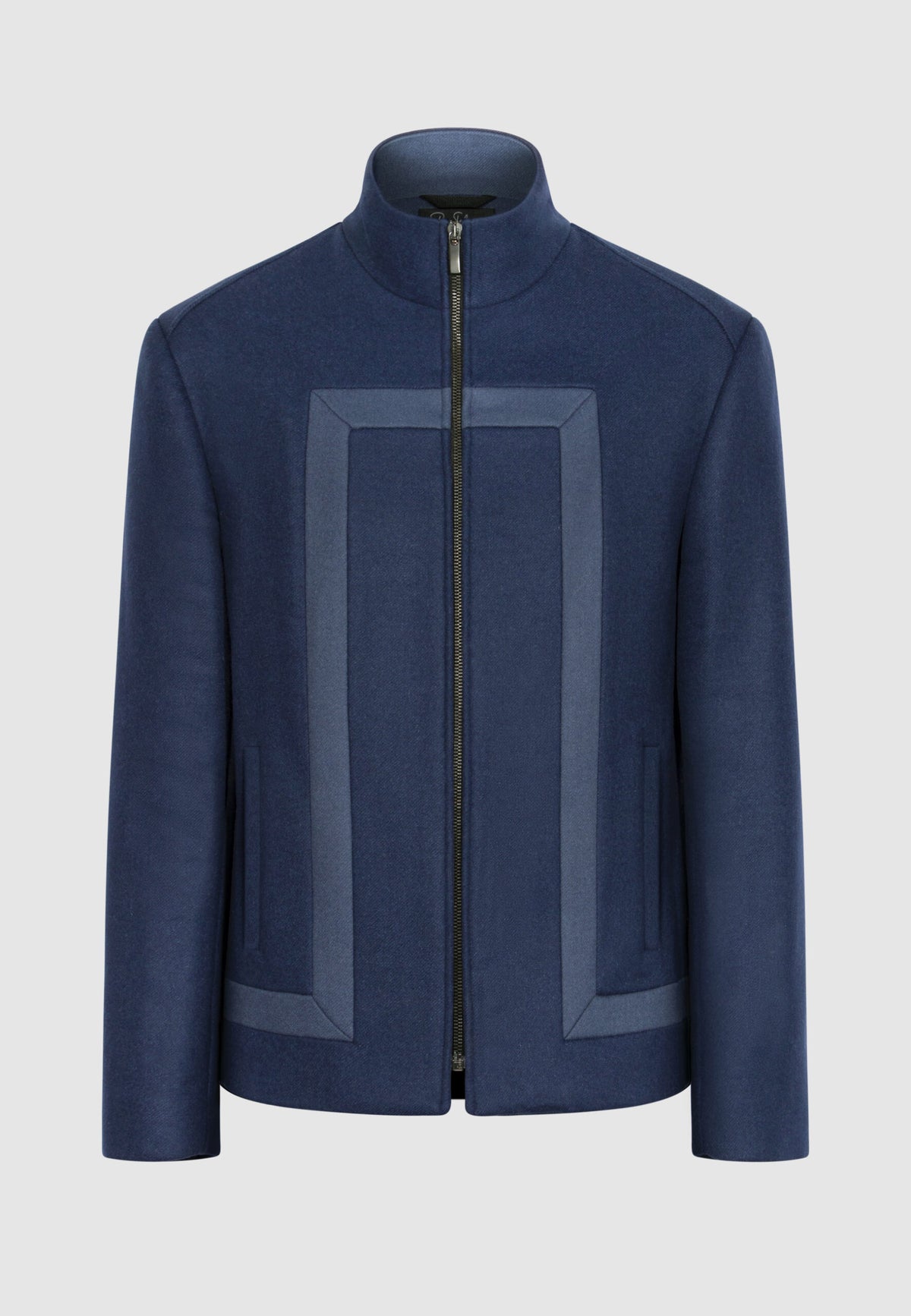 Blouson zippé en laine bleu à découpes contrastées