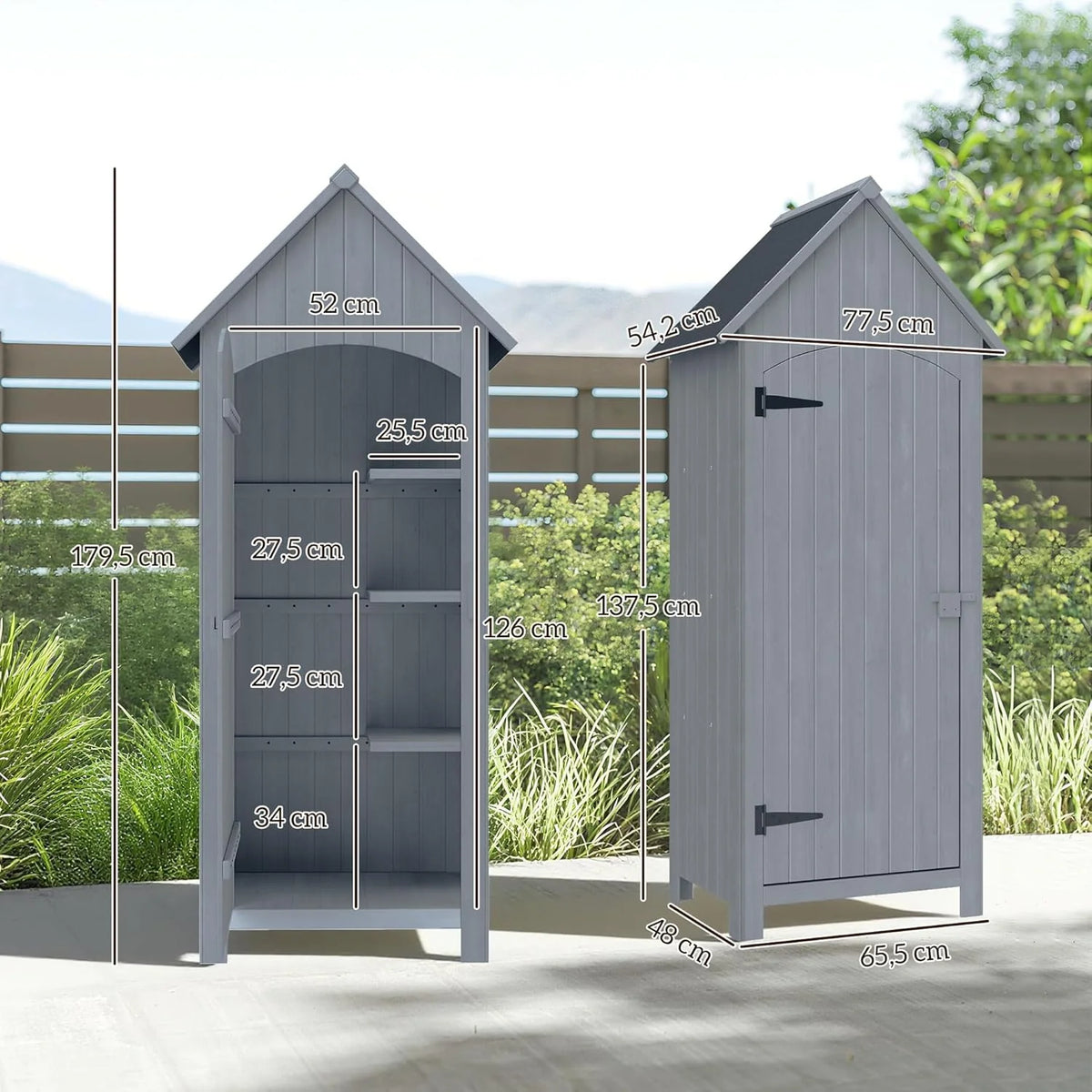 Outsunny Abri de Jardin en Bois cabane de Jardin Exterieur Armoire de Jardin avec Toit bitumé 3 étagères Porte avec loquet Rangement et Stockage extérieurs pour terrasse 77,5 x 54,2 x 179,5 cm Gris