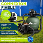 tillvex® Système de Filtre à Sable 13 200L/h jusqu'à 40 000L + 1200g Boules Filtre | 7 Fonctions & Adaptateur 2en1 Ø32-38mm | Filtre piscine & indicateur de pression (Vert, Avec minuterie)