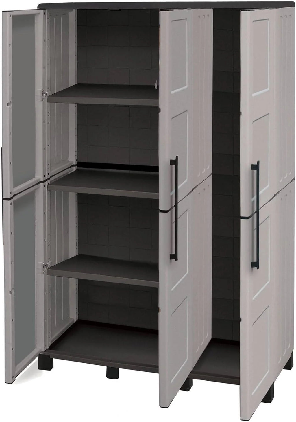 Dmora - Armoire d'extérieur Nandrin, Armoire à balais, Armoire d'extérieur 3 portes, 100% Made in Italy, 102x37h169 cm, Gris clair et noir, Finition damier