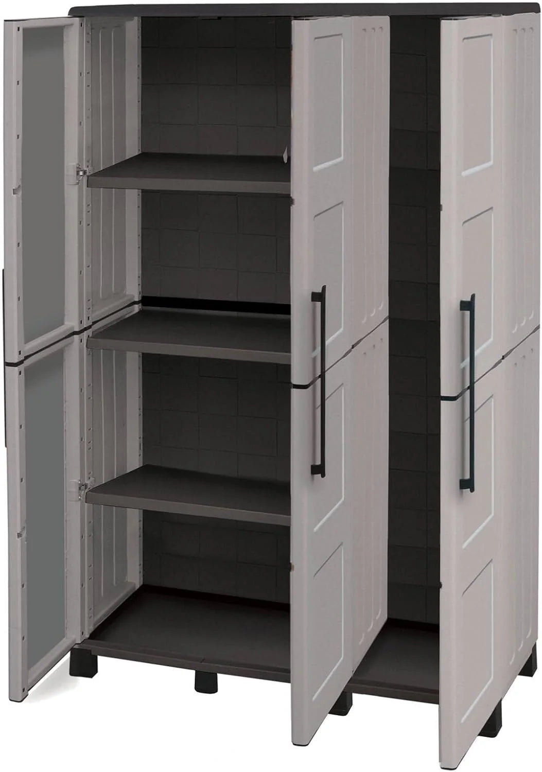 Dmora - Armoire d'extérieur Nandrin, Armoire à balais, Armoire d'extérieur 3 portes, 100% Made in Italy, 102x37h169 cm, Gris clair et noir, Finition damier