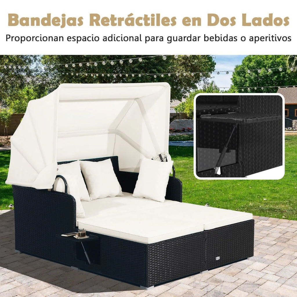 Cama Doble Día Ratán Patio Tumbona Con Cojines Laterales Plegables Jardín Patio Porche Blanco