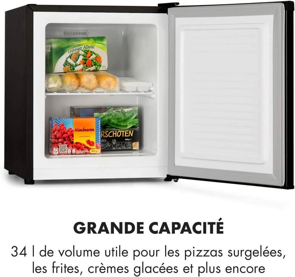 Klarstein Mini Congelateur Armoire, Petit Congélateur pour la Chambre et la Maison, Mini congélateur 33L, Congelateur Petite Taille avec Etagère, Econome en Energie, Appareil à glaçons et Grattoir