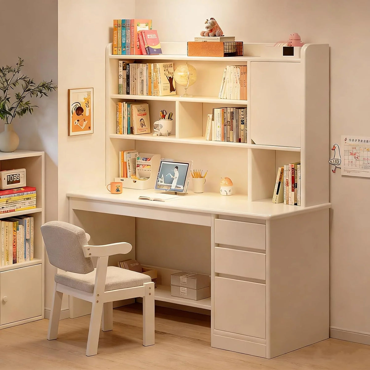 Bureau d'ordinateur Portable avec étagère，Grand Bureau d'écriture pour Bureau à Domicile Poste de Travail Avec Armoire Table D'étude Moderne avec étagère De Rangement po(Size:120x45x165cm,Color:Blanc)