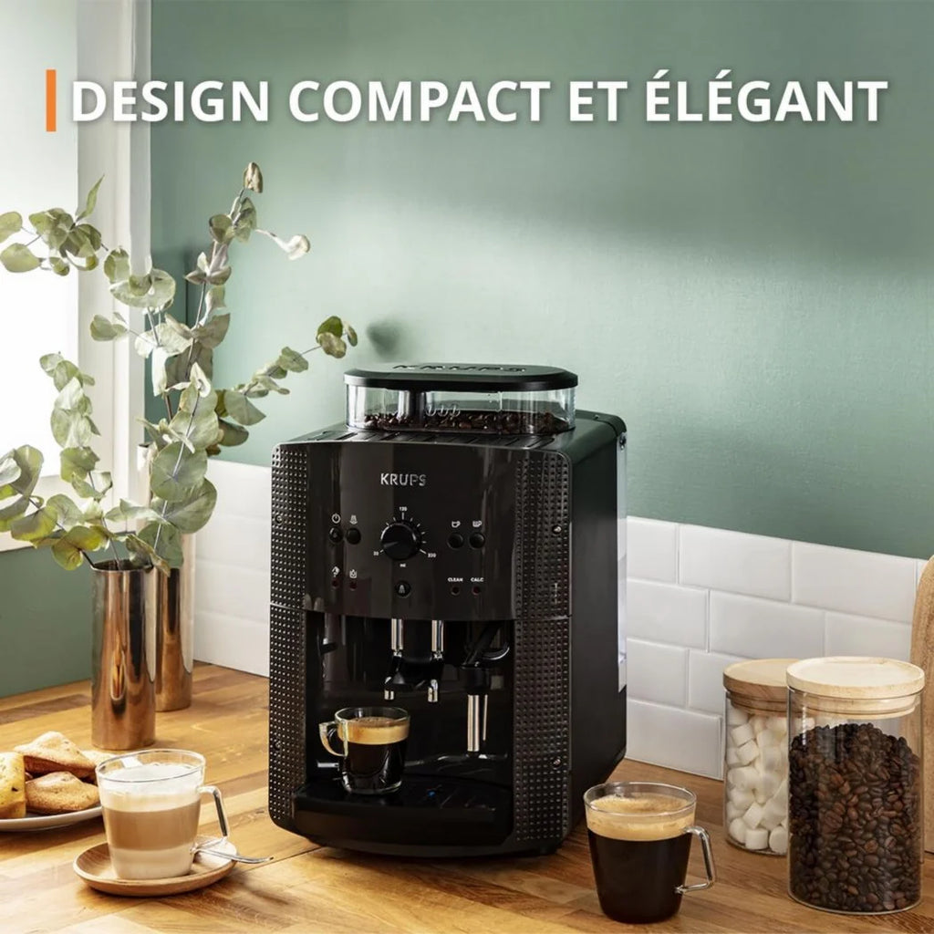 Krups Machine à café à grains, 1,7 L, 2 tasses simultanément, Nettoyage automatique, Buse vapeur pour cappuccino, Cafetière expresso, Essential black YY8125FD, Noir