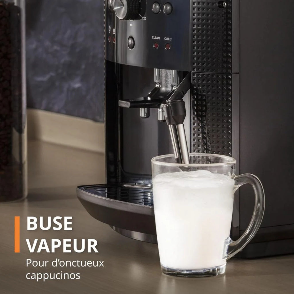 Krups Machine à café à grains, 1,7 L, 2 tasses simultanément, Nettoyage automatique, Buse vapeur pour cappuccino, Cafetière expresso, Essential black YY8125FD, Noir