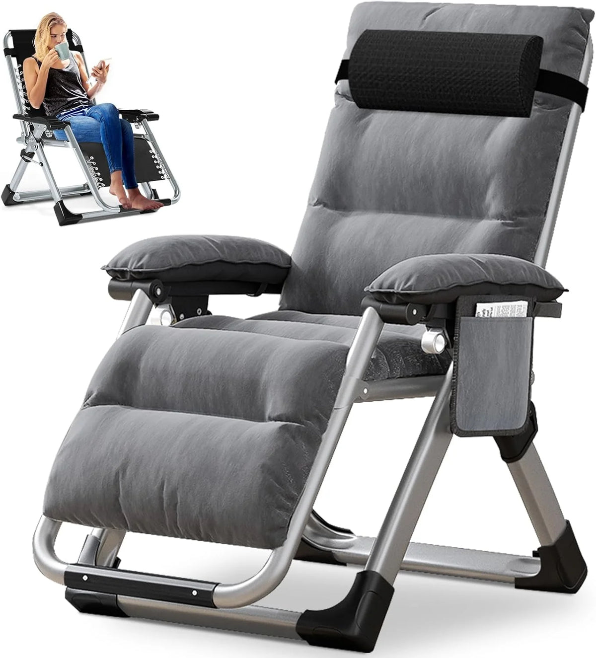Chaise longue pliable, chaise de terrasse, capacité de charge 200 kg, chaise zéro gravité avec coussin de soutien, porte-boissons, chaise longue de jardin extra large réglable pour patio