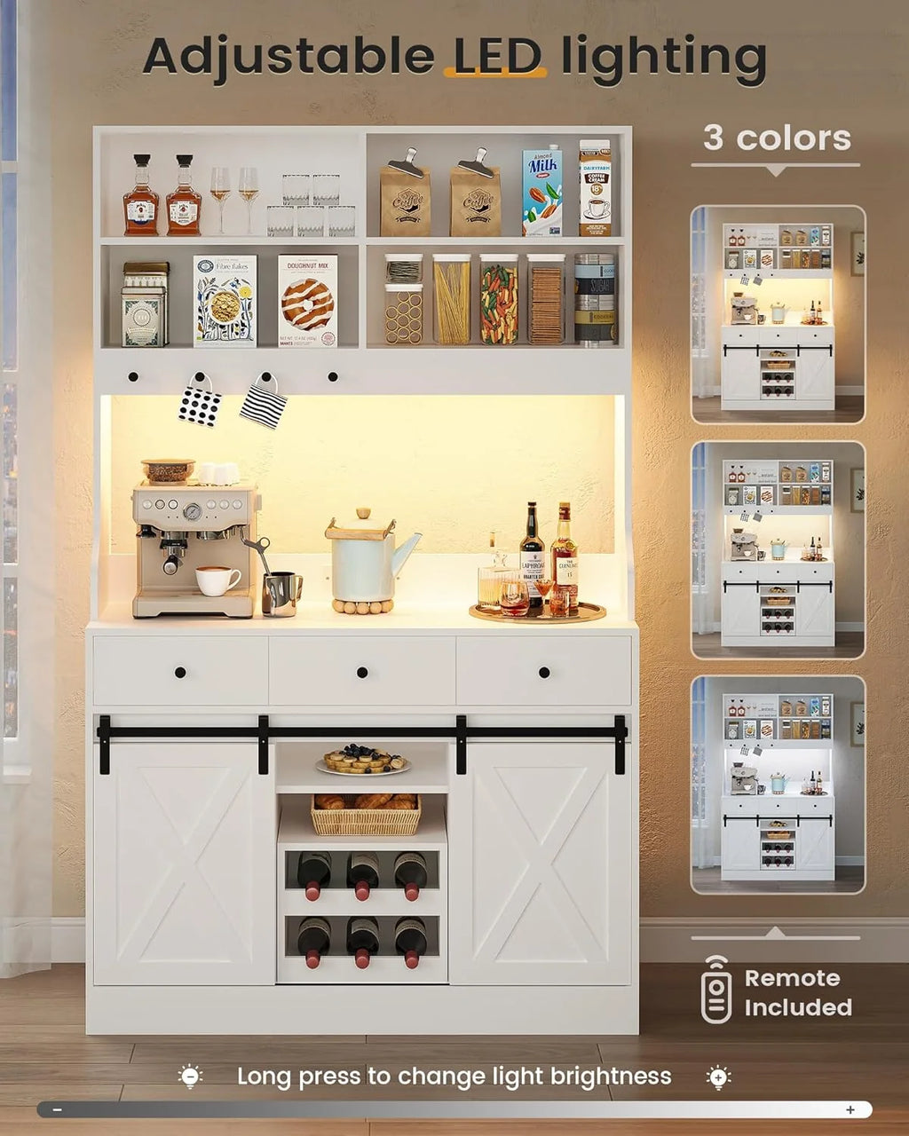 Armario de cocina, Armario Aparador Cocina con LED, Enchufes, Armario Buffet, Estante de vino extraíble, 3 Cajones, Estantes ajustables, Cocina, Sala de estar, Comedor, 103.5*40*180 cm, Negro