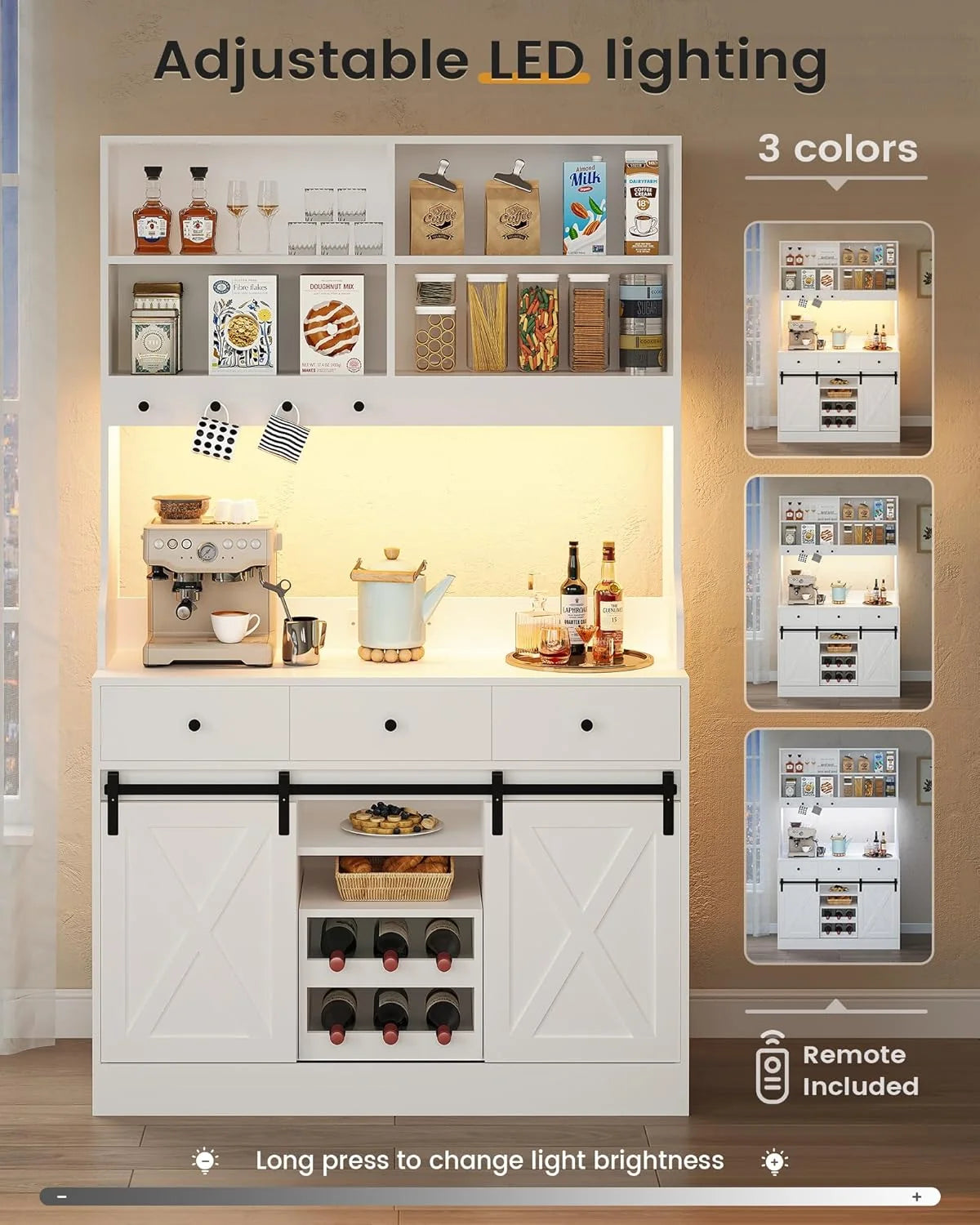 Armario de cocina, Armario Aparador Cocina con LED, Enchufes, Armario Buffet, Estante de vino extraíble, 3 Cajones, Estantes ajustables, Cocina, Sala de estar, Comedor, 103.5*40*180 cm, Negro