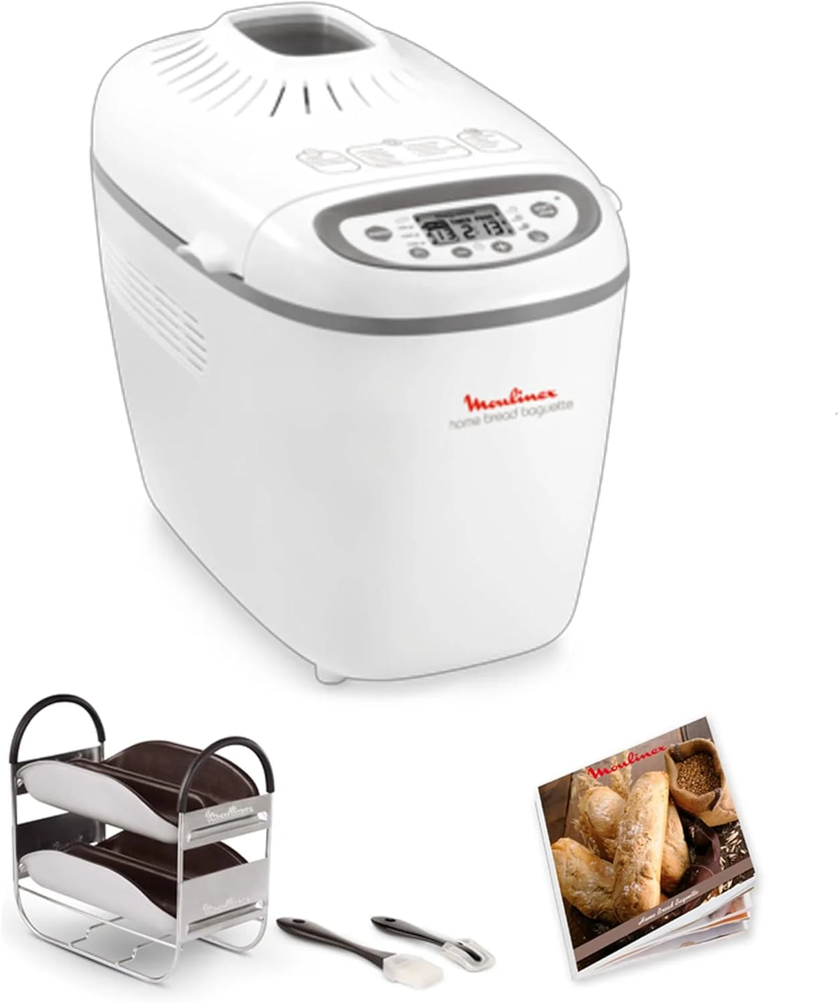 Moulinex Home Bread Baguette Machine à petits pains, 16 programmes, Résultats homogènes, Jusqu'à 1,5 kg de pain frais, Plaques croustillants, 3 niveaux de dorage OW610110, Blanc