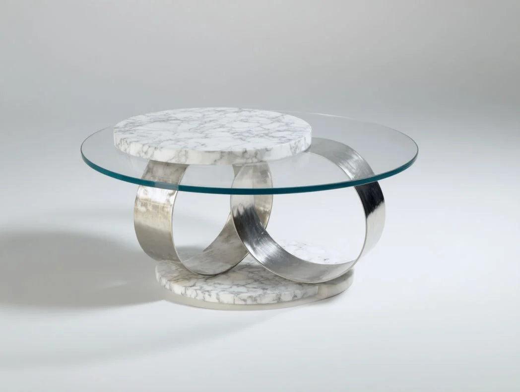 Table basse ronde en verre et marbre avec piètement métallique circulaire