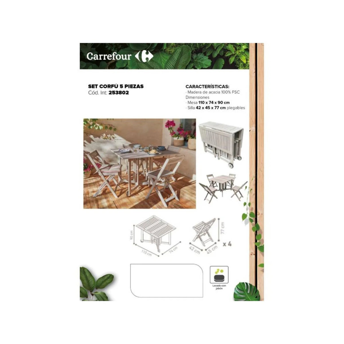 Conjunto de Balcón Mesa + 4 Sillas Madera de Acacia, Corfú