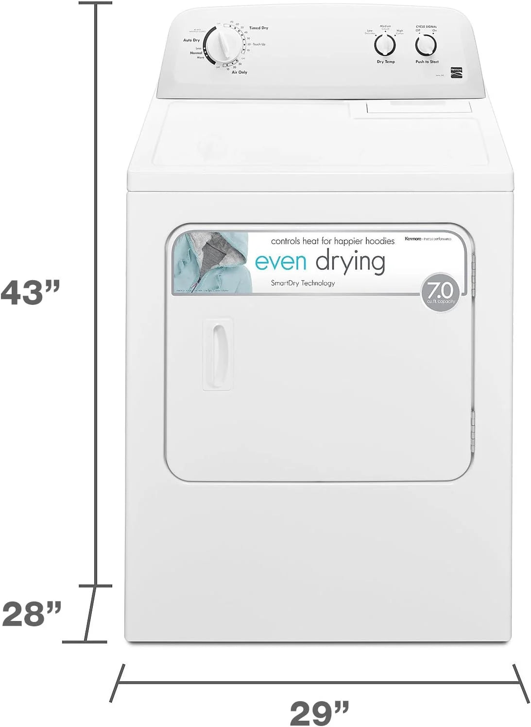 Secadora Eléctrica Kenmore de Carga Frontal de 29″ con Tecnología Wrinkle Guard y Capacidad Total de 7.0 Pies Cúbicos, Blanco