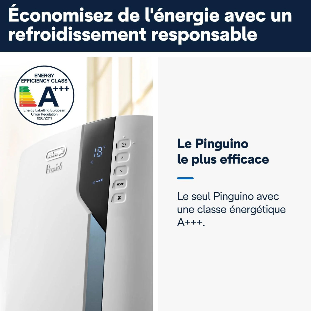 De'Longhi Pinguino PAC EX105 Climatiseur mobile avec technologie EcoRealFeel 10 000 BTU/h, pour pièces jusqu'à 100 m³, fonction déshumidification et ventilation, minuterie 24 heures, classe