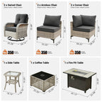 OVIOS 9 Pieces Outdoor Wicker Swivel Chair Set With Fire Table