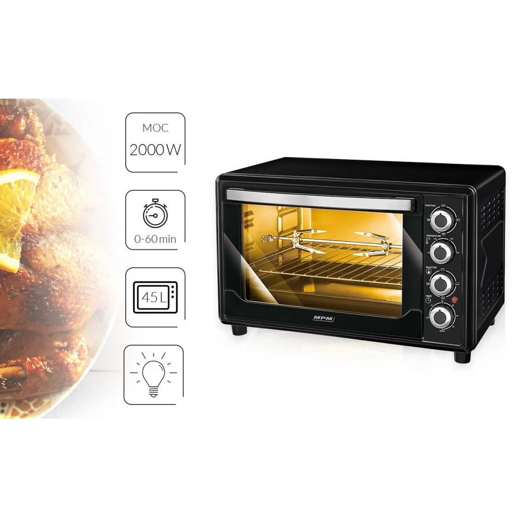 Horno Convección Sobremesa, 45l, Acero Inoxidable, Asador Pollo, Temporizador, Ajuste Temperatura Negro 2000w Mpm Mpe/07t