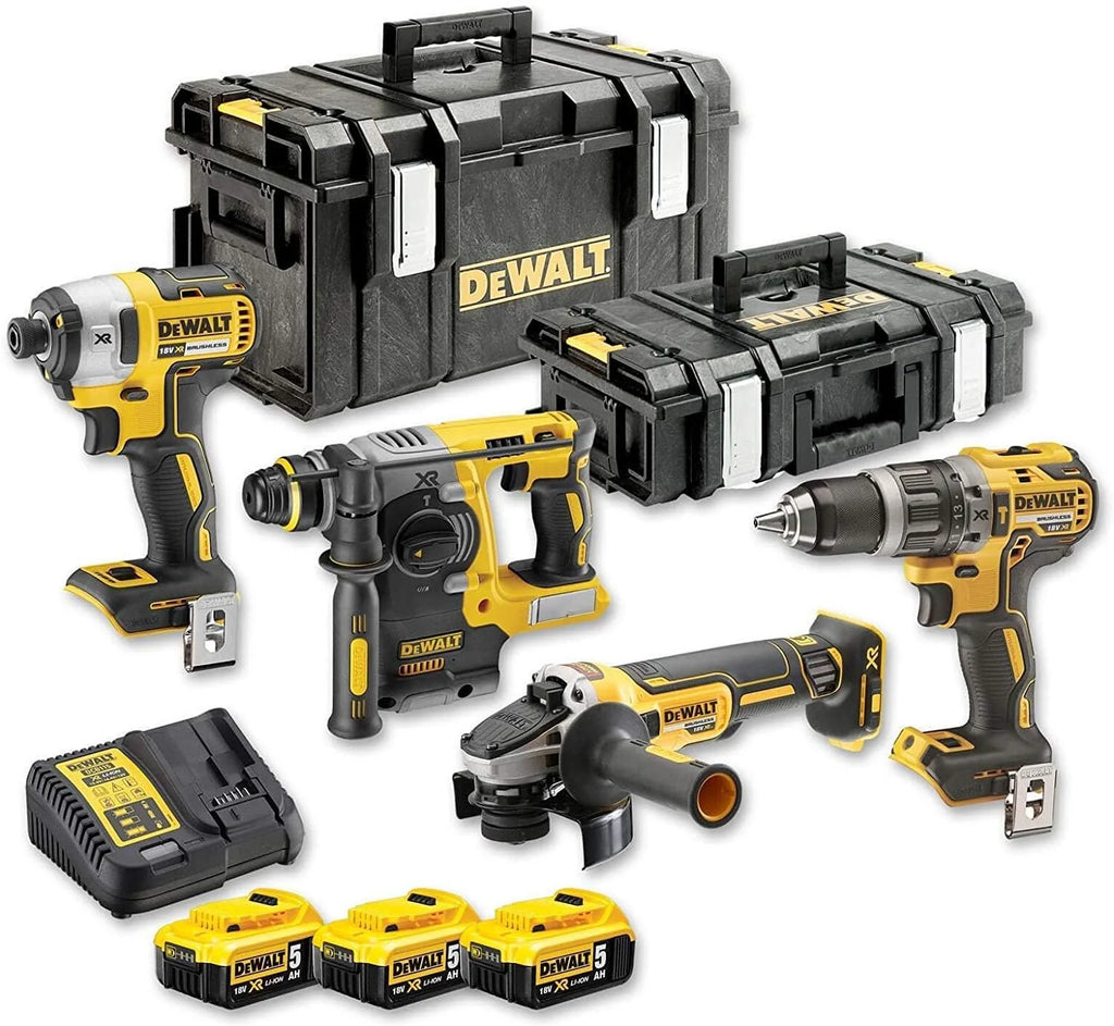DEWALT - Kit 4 Outils XR 18V, 5Ah Lithium Ion BL avec Perceuse-Visseuse, Visseuse à Chocs, Meuleuse et Perforateur - DCK422P3-QW - Sans Fil - 3 Batteries et chargeur inclus - avec 2 Coffrets TSTAK