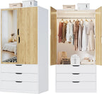 MSFE Armoire Chambre Penderie avec 2 Portes, Armoire Dressing Blanc avec Miroir, LED et 3 Tiroirs, Armoires de Rangement Bois pour Adulte Enfant, Garde-Robe Moderne 80 x 180 x 50 cm (L/H/P)
