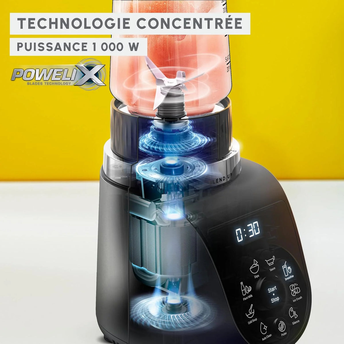 Moulinex Blend Up, Mini blender puissant, 1 000 W, 8 programmes automatiques, Glace pilée LM19H4F0, Gris Etain