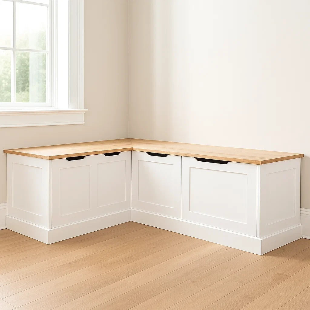 Banc d'angle de rangement blanc en bois de pin 150cm x 35cm x 45cm