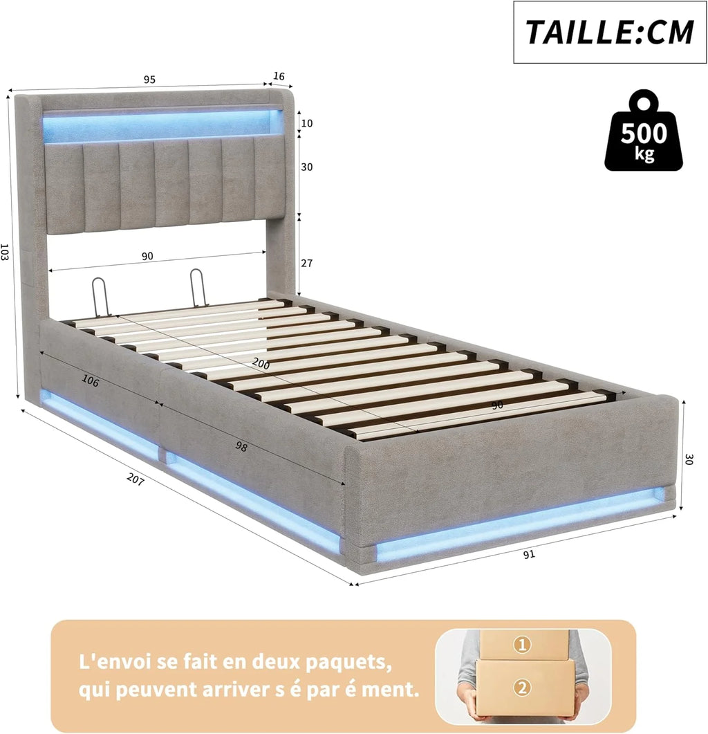 Lit Coffre 90x200 cm avec LED et Ports USB,Tête de Lits avec Rangement,Lit Double avec Sommier à Lattes, Facile à Assembler,pour Adultes et Adolescents,Velours (Gris, 90x200 cm)