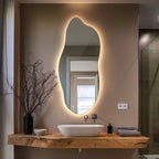 Grand Miroir LED 45x100 cm Blanc Chaud Lumière Chaude Irrégulier Asymétrique Cuisine Miroir Mural sans Cadre Décoration Murale Design Minimalisme Esthétiquement Installation Verticale ou Horizontale